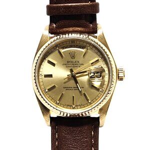 Rolex Mens 36MM champagne stick President DAY-DATE 18k on brown leather strap